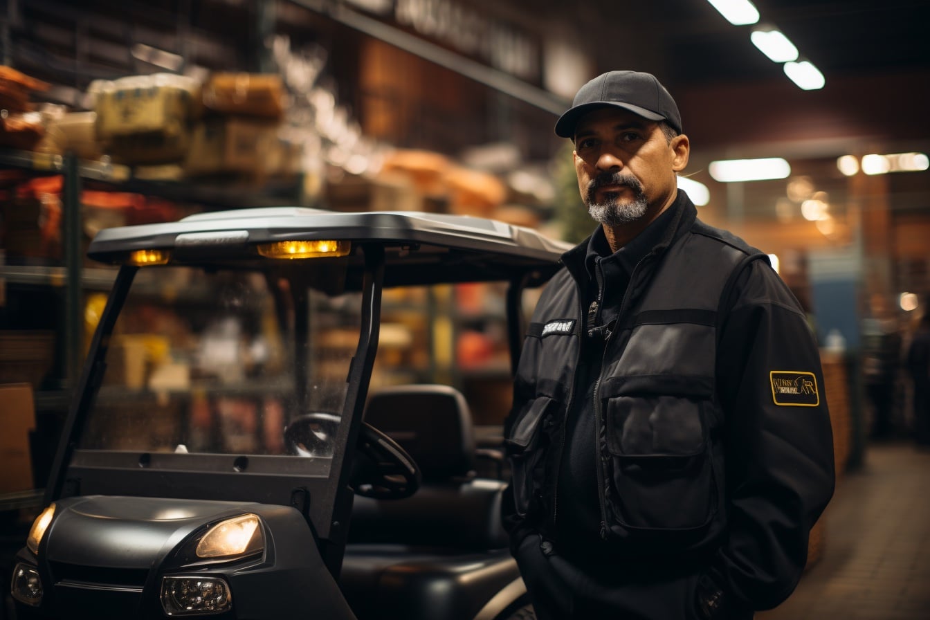 security guard in a warehouse with his golf cart watching for security issues security guard in a warehouse with his golf cart watching for security issues